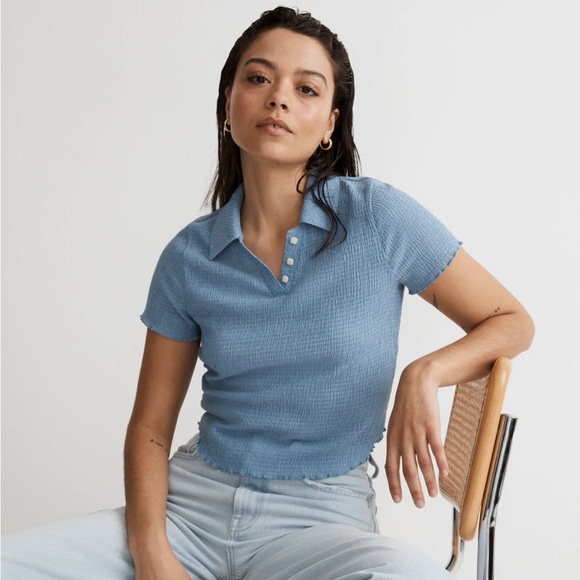 Madewell | crinkle polo crop tee size XS tranquil lake blue - Picture 3 of 12